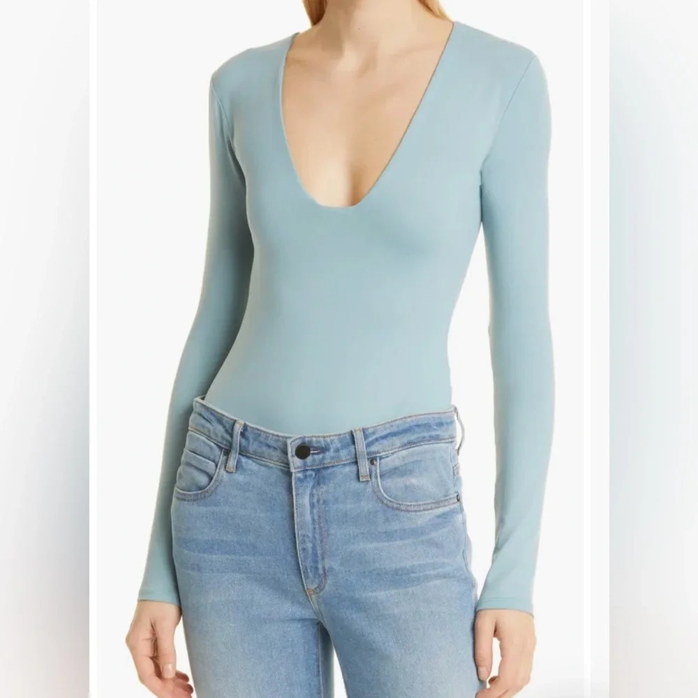 Alix NYC Jules Deep V-Neck Long Sleeve Bodysuit Blue Sz Medium